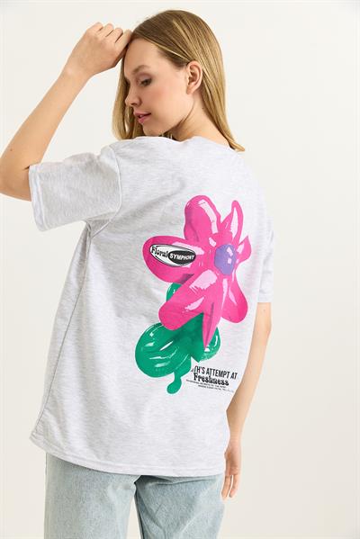 Baskılı Bisiklet Yaka Basic Tshirt Gri