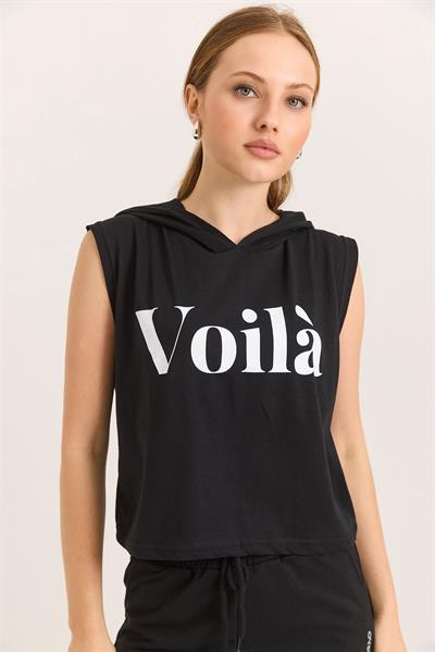 Kapüşonlu Sıfır Kol Baskılı Tshirt Siyah