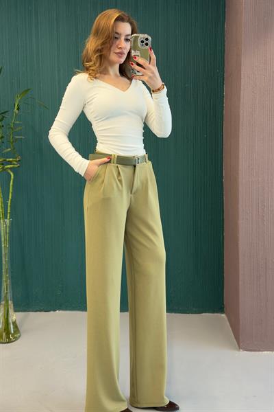 Likralı Krep Örme Kumaş Kemerli Salaş Pantolon Yeşil