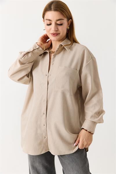 Kadın Oversize Müslin Kumaş Basic Gömlek Bej