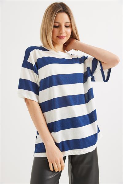 Bisiklet Yaka  Çizgili Basic Tshirt Lacivert