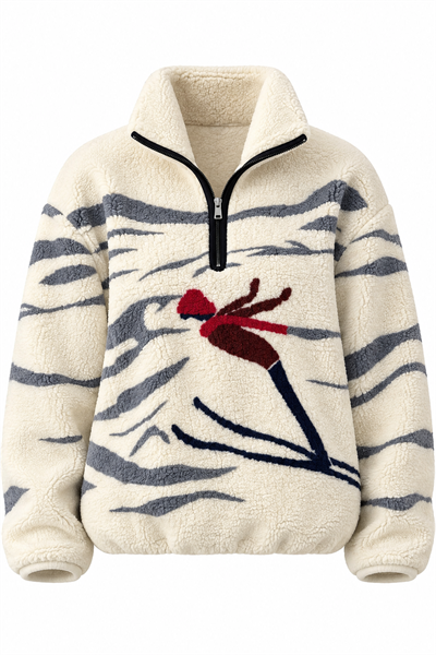 Kadın Desenli Dik Yaka Yarım Fermuarlı Polar Swearshirt Gri