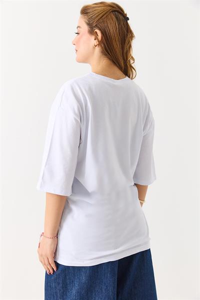 Kadın Baskılı Bisiklet Yaka Kısa Kol Tshirt Beyaz