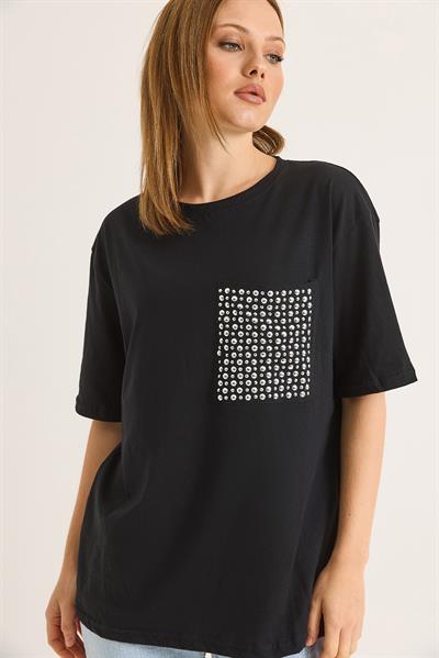 Bisiklet Yaka Taş Detaylı Cepli Tshirt Siyah