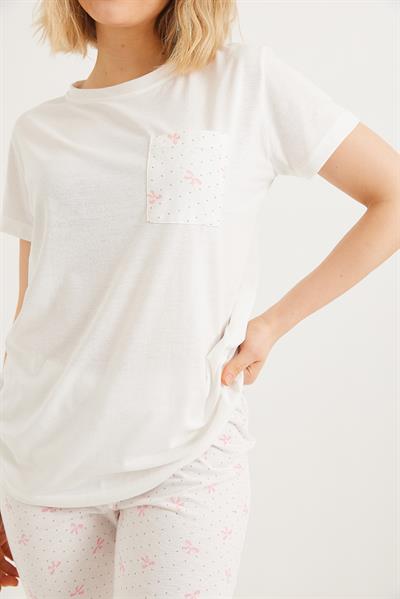 Baskılı Kısa Kol Pijama Takım Beyaz