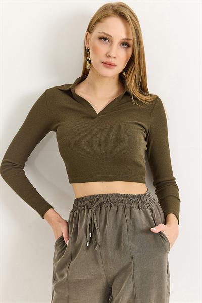 Kadın Polo Yaka Fitilli Crop Bluz Haki