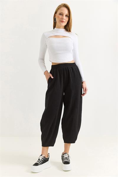 Kadın Beli Lastikli Gabardin Siyah Şalvar Pantolon