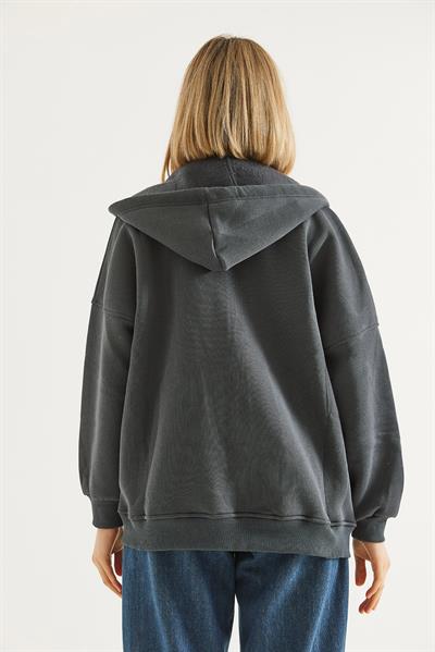 Kapüşonlu Fermuarlı Cepli Oversize Şardonlu Sweatshirt Antrasit
