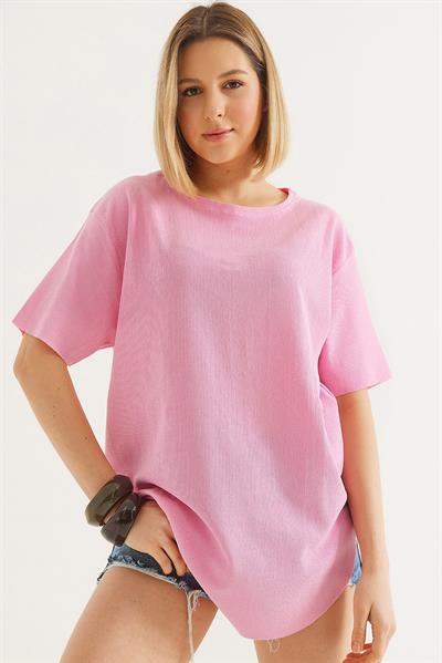 Bisiklet Yaka  Kısa Kol Basic Tshirt Pembe