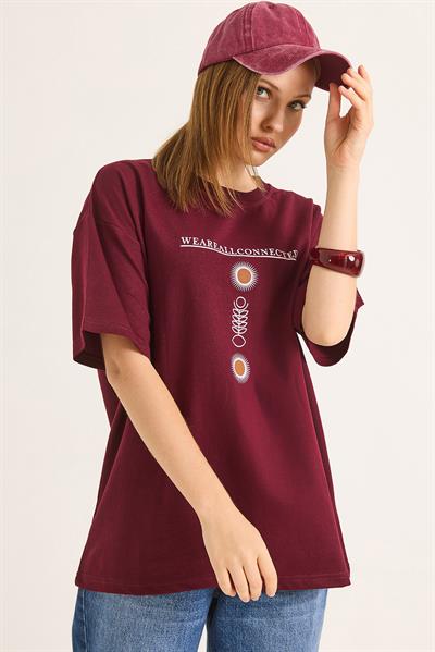Bisiklet Yaka Kısa Kol Baskılı Tshirt Bordo