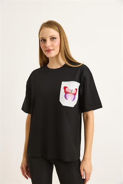Nakış Detaylı Bisiklet Yada Basic Tshirt Siyah
