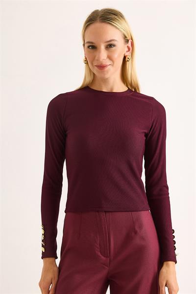 Kadın Kolları Düğme Detaylı Şık  Bluz Bordo
