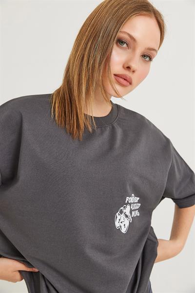 Baskılı Oversize İki İplik Tshirt Füme