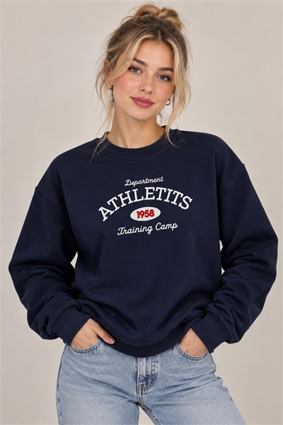Kadın Yazı Nakışlı Bisiklet Yaka Şardonlu Sweatshirt Lacivert