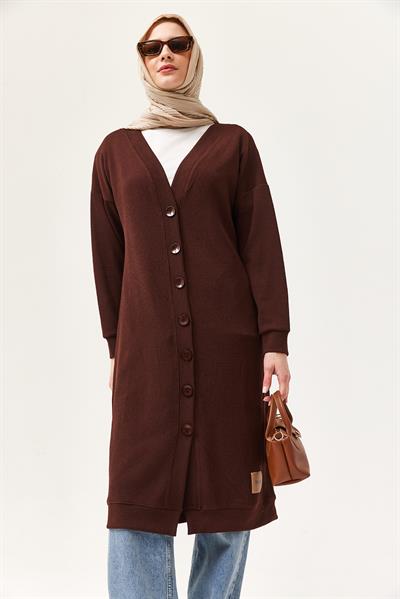 Düğmeli Triko Uzun Hırka Kahverengi