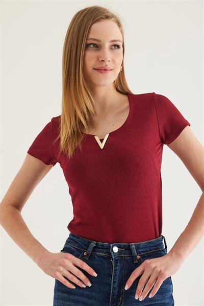 Yaka V Detay Kısa Kol Kaşkorse Bluz Bordo 