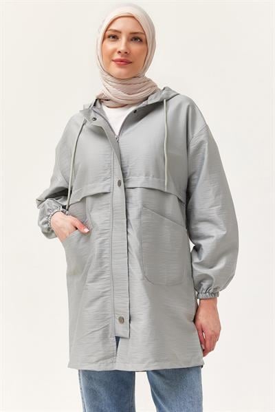 Çıtçıtlı Kapüşonlu Yağmurluk Gri