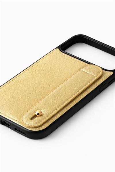 İphone 17 Pro Uyumlu Charmlı ve Harfli Deri Kılıf Gold