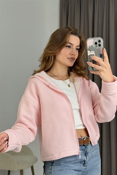 Büyük Beden Üç İplik Şardonlu Fermuarlı Beli Ayarlanabilr Lastikli Sweat Hırka