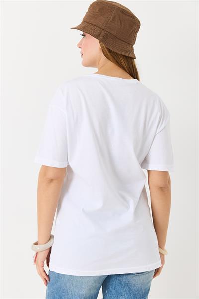 Kadın Parlak Yazılı Baskılı Tshirt Beyaz