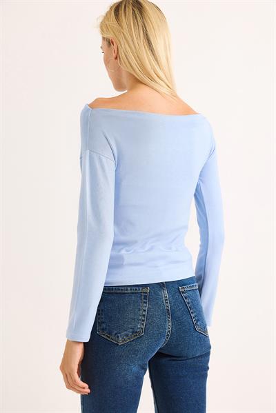 Kadın Geniş Yaka Uzun Kollu Bluz Mavi