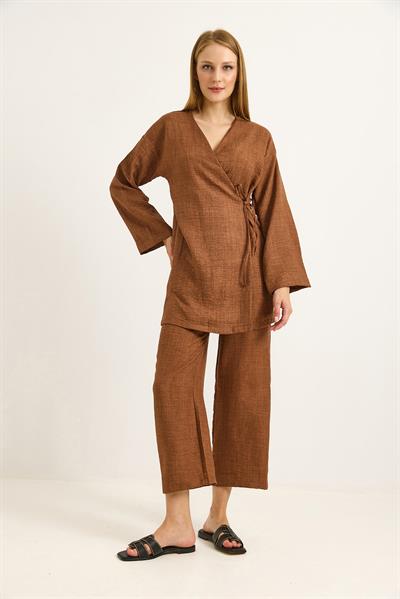 Yandan Bağlamalı Kimono Pantolon İkili Takım Taba