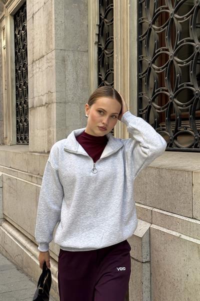 Yaka Fermuarlı 2 İplik Sweatshirt Gri