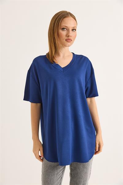 V Yaka Arkası Uzun Basic Tshirt Saks