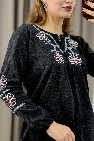 Kadın Antrasit Triko Etnik Çiçek Nakışlı Kazak