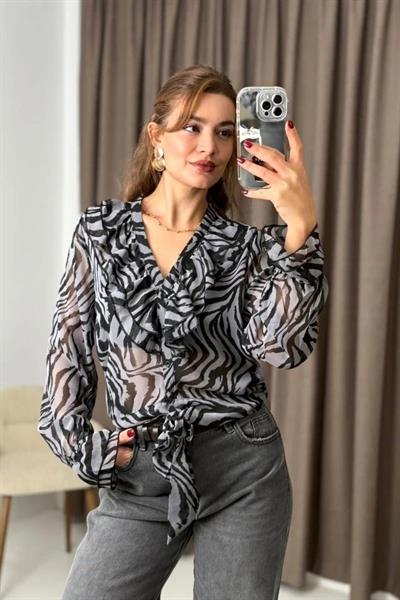 Zebra Desen Düğmeli Fırfırlı Bağcık Detaylı Özel Tasarım Bluz Füme
