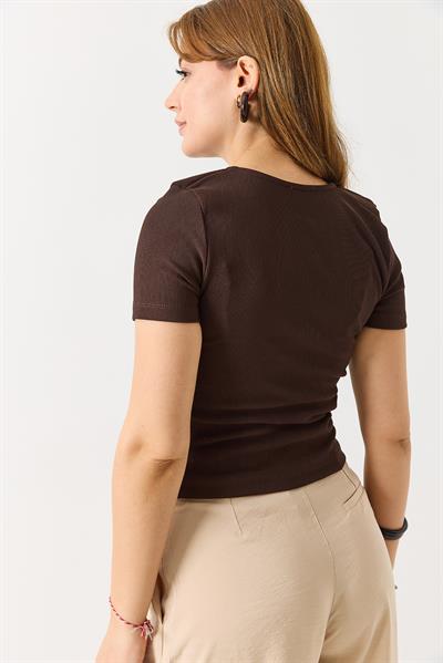 Kadın Çıtçıtlı Kısa Kollu Kaşkorse  Bluz Kahverengi