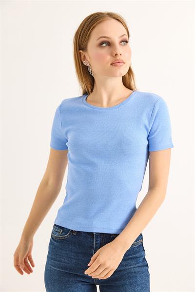 Bisiklet Yaka Kaşkorse Kadın Bluz Mavi