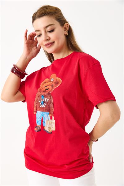 Ayıcık Baskılı Pamuklu Bisiklet Yaka Tshirt Kırmızı