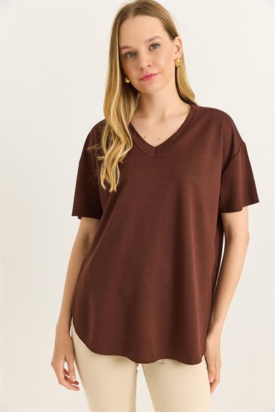 V Yaka Arkası Uzun Basic Tshirt Kahverengi