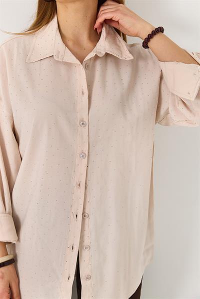 Kadın Taş Detaylı Oversize Şık Gömlek Taş