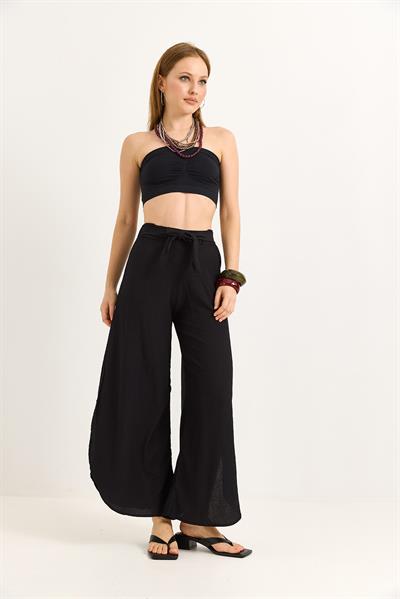 Bağlamalı Bol Paça İspanyol Pantalon Siyah