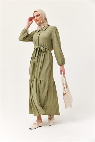Yarım Düğmeli Beli Kuşaklı Elbise Yeşil