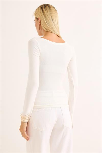 Geniş Yaka Rahat Uzun Kollu Bluz Beyaz