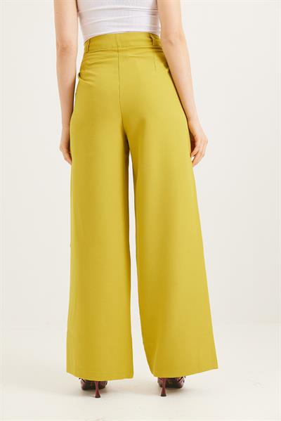 Kancalı Yüksek Bel Salaş Palazzo Pantolon Yağ Yeşili
