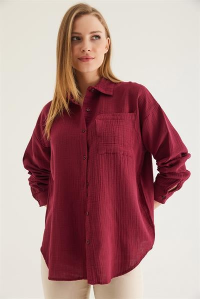 Uzun Kollu Oversize Gömlek Bordo