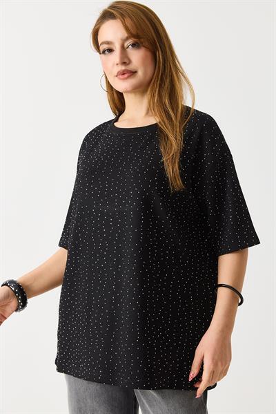 Kadın Taş Detaylı Bsiklet Yaka Oversize Tshirt Siyah