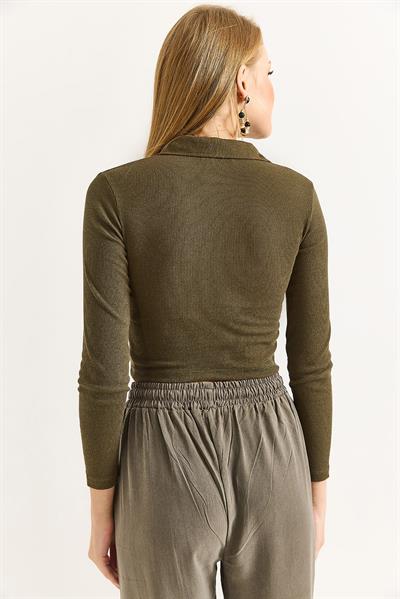 Kadın Polo Yaka Fitilli Crop Bluz Haki