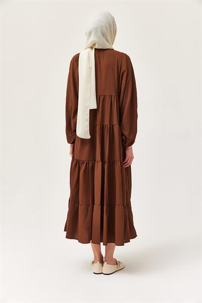 Yakası İpli Kat Model Elbise Kahverengi