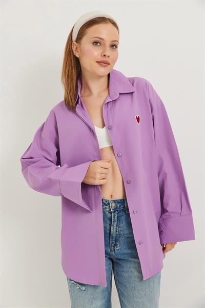 Kalp Nakışlı  Oversize Basic Gömlek Lila