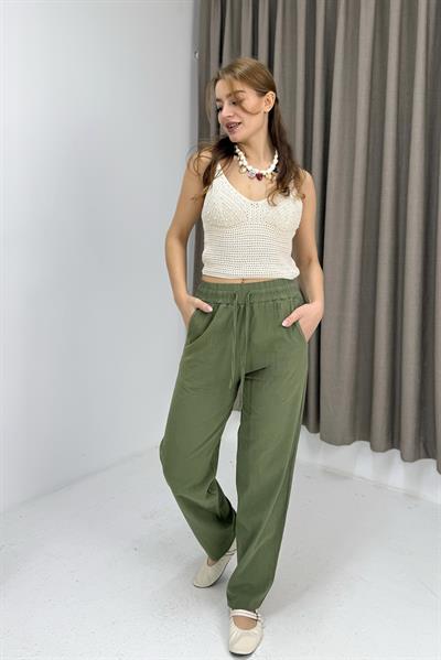Kanvas Cepli Bağcıklı Beli Lastikli Uzun Pantolon Haki