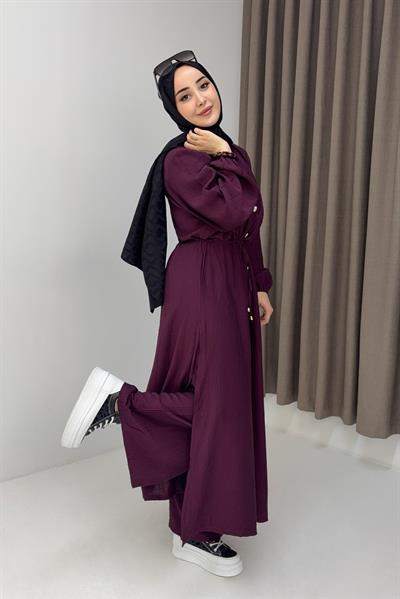 Kadın Beli Tünelli Düğmeli Uzun Tunikli İkili Takım Burgonya