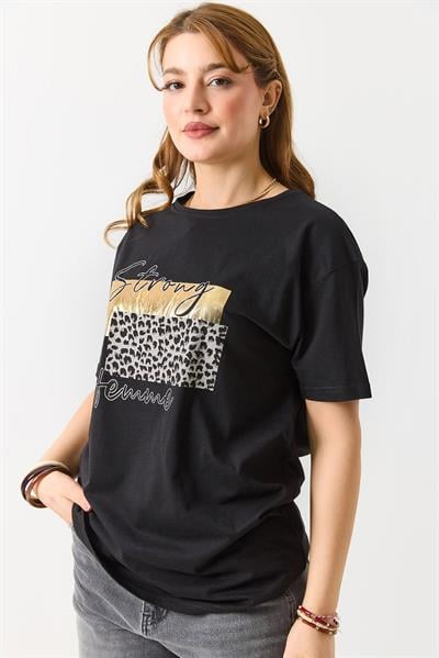 Kadın Bisiklet Yaka Baskılı Kısa Kol Tshirt Siyah