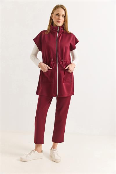 Kadın Beli Lastik Detaylı Scuba Pantalon Yelek Takım Yağ Bordo