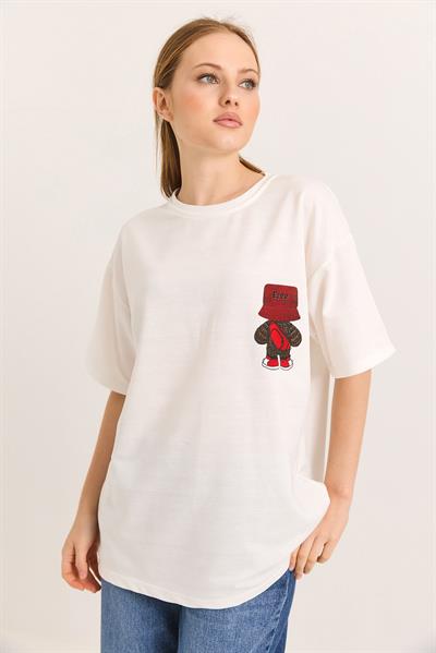 Karakter Baskılı İki İplik Oversize Tshirt Beyaz