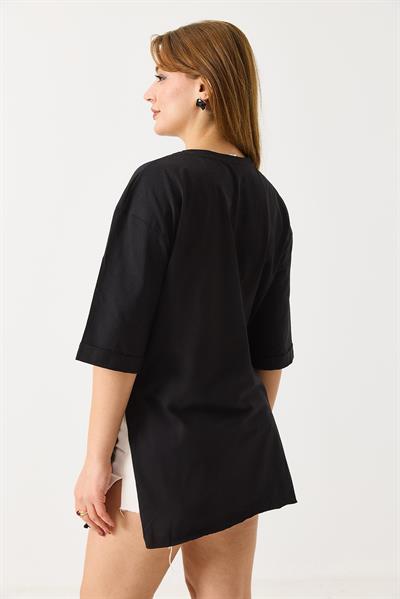 Kadın Yanları Yırtmaçlı Oversize  Basic Tshirt  Siyah